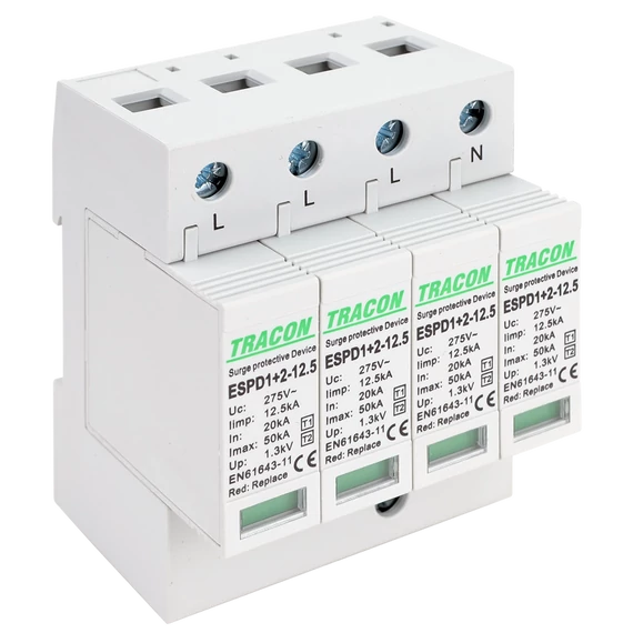 TRACON T1+T2 AC típusú túlfeszültséglevezető, cserélhető betéttel, Uc:275V; Iimp:12,5kA; In:20kA; Imax:50kA; Up:1,3kV; 4P (ESPD1+2-12.5-4P)