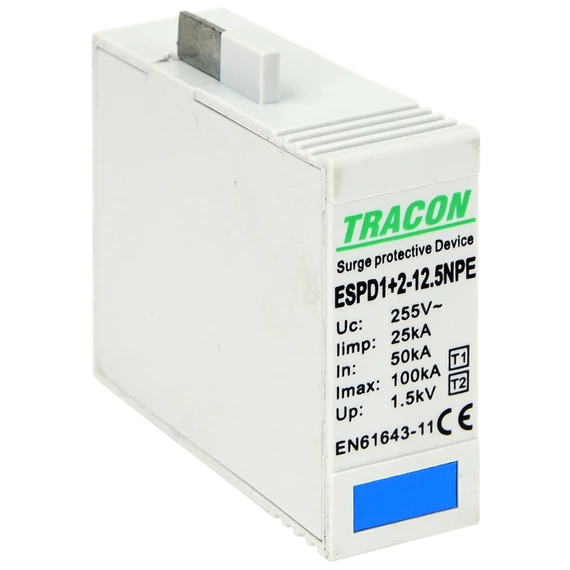 TRACON T1+T2 AC típusú túlfeszültséglevezető betét 12.5 NPE, Uc:275V, Iimp:12,5kA, In:20/40kA, Imax:50kA, Up:1,3kV (ESPD1+2-12.5NPEO)