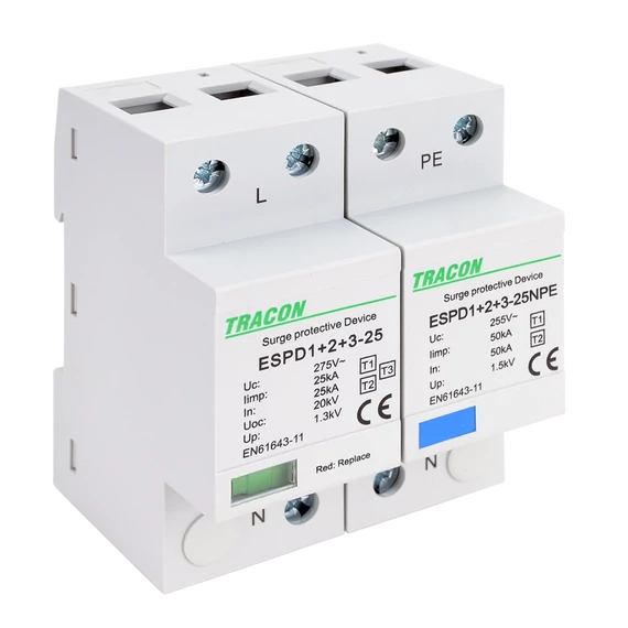 TRACON T1+T2+T3 AC típusú túlfeszültség levezető, egybeépített, Uc:275V; Iimp:25/100kA; In:25/100kA; Uoc:20kV; Up:1,3kV; 1+1 (ESPD1+2+3-25-1+1P)