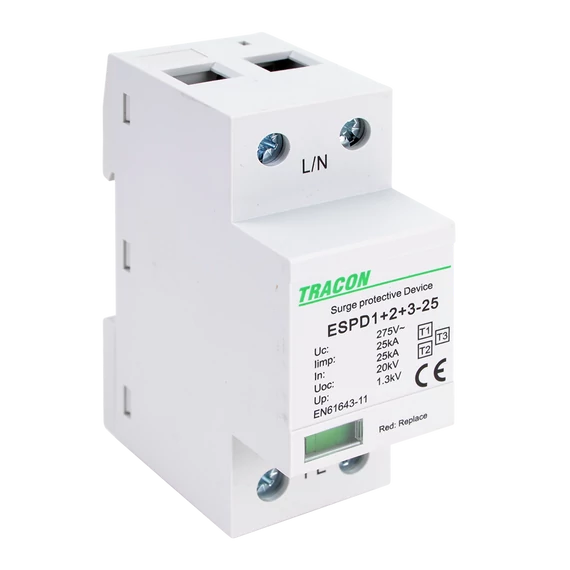 TRACON T1+T2+T3 AC típusú túlfeszültség levezető, egybeépített, Uc:275V; Iimp:25kA; In:25kA; Uoc:20kV; Up:1,3kV; 1P (ESPD1+2+3-25-1P)