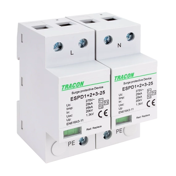 TRACON T1+T2+T3 AC típusú túlfeszültség levezető, egybeépített, Uc:275V; Iimp:25kA; In:25kA; Uoc:20kV; Up:1,3kV; 2P (ESPD1+2+3-25-2P)