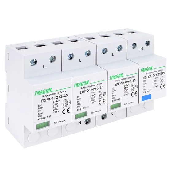 TRACON T1+T2+T3 AC típusú túlfeszültség levezető, egybeépített, Uc:275V; Iimp:25/100kA; In:25/100kA; Uoc:20kV; Up:1,3kV; 1+3 (ESPD1+2+3-25-3+1P)