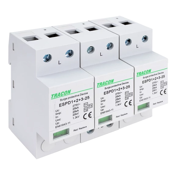 TRACON T1+T2+T3 AC típusú túlfeszültség levezető, egybeépített, Uc:275V; Iimp:25kA; In:25kA; Uoc:20kV; Up:1,3kV; 3P (ESPD1+2+3-25-3P)