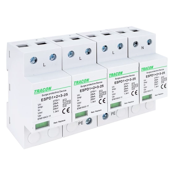 TRACON T1+T2+T3 AC típusú túlfeszültség levezető, egybeépített, Uc:275V; Iimp:25kA; In:25kA; Uoc:20kV; Up:1,3kV; 4P (ESPD1+2+3-25-4P)