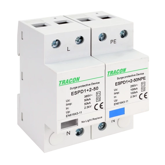 TRACON T1+T2 AC típusú túlfeszültséglevezető, egybeépített, Uc:385V; Iimp:50/100kA; In:50/100kA; Up:2,5kV; 1+1P (ESPD1+2-50-1+1P)