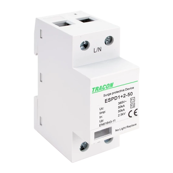 TRACON T1+T2 AC típusú túlfeszültséglevezető, egybeépített, Uc:385V; Iimp:50kA; In:50kA; Imax:160kA; Up:2,5kV; 1P (ESPD1+2-50-1P)
