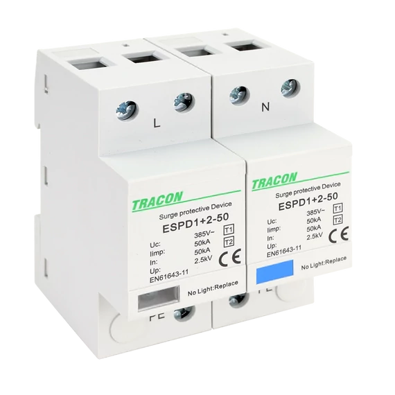 TRACON T1+T2 AC típusú túlfeszültséglevezető, egybeépített, Uc:385V; Iimp:50kA; In:50kA; Imax:160kA; Up:2,5kV; 2P (ESPD1+2-50-2P)