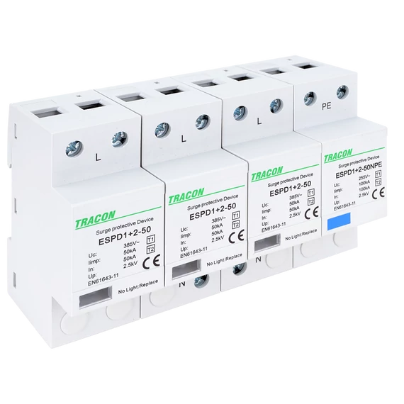 TRACON T1+T2 AC típusú túlfeszültséglevezető, egybeépített, Uc:385V; Iimp:50/100kA; In:50/100kA; Up:2,5kV; 3+1P (ESPD1+2-50-3+1P)