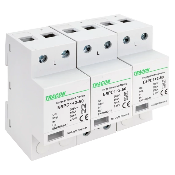 TRACON T1+T2 AC típusú túlfeszültséglevezető, egybeépített, Uc:385V; Iimp:50kA; In:50kA; Imax:160kA; Up:2,5kV; 3P (ESPD1+2-50-3P)