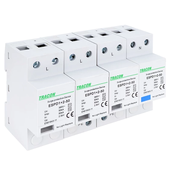 TRACON T1+T2 AC típusú túlfeszültséglevezető, egybeépített, Uc:385V; Iimp:50kA; In:50kA; Imax:160kA; Up:2,5kV; 4P (ESPD1+2-50-4P)