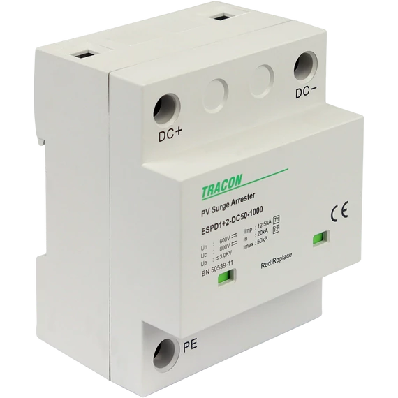 TRACON T1+T2 DC típusú túlfeszültséglevezető, egybeépített, Ucpv: 800V; Iimp:12,5kA; In:20kA; Imax:50kA; Up:3kV (ESPD1+2-DC50-600)