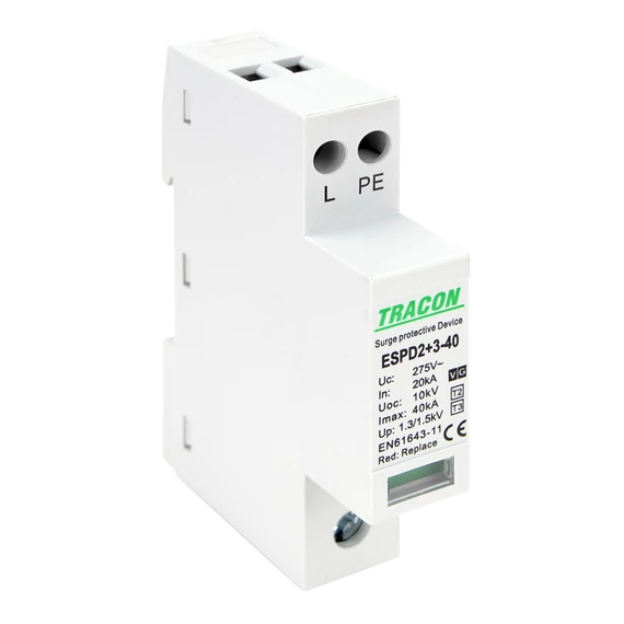 TRACON T2+T3 AC típusú túlfeszültséglevezető, egybeépített, Uc:275V; In:20kA; Imax40kA; Uoc:10kV; Up:1,3/1,5kV; 1+1P (ESPD2+3-40-1+1P)