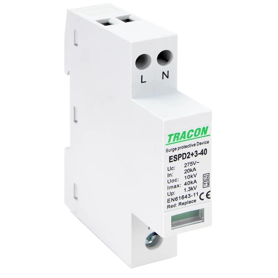 TRACON T2+T3 AC típusú túlfeszültséglevezető, egybeépített, Uc:275V; In:20kA; Imax40kA; Uoc:10kV; Up:1,3kV; 2P (ESPD2+3-40-2P)