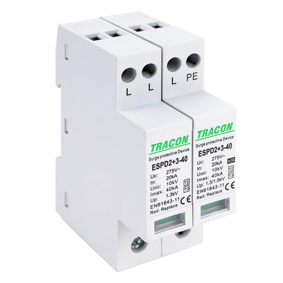 TRACON T2+T3 AC típusú túlfeszültséglevezető, egybeépített, Uc:275V; In:20kA; Imax40kA; Uoc:10kV; Up:1,3/1,5kV; 3+1P (ESPD2+3-40-3+1P)