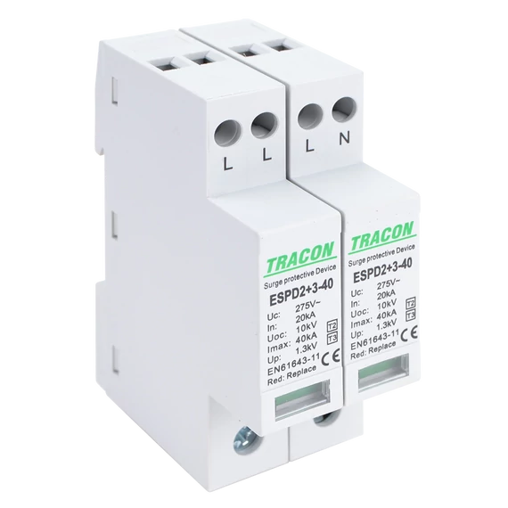 TRACON T2+T3 AC típusú túlfeszültséglevezető, egybeépített, Uc:275V; In:20kA; Imax40kA; Uoc:10kV; Up:1,3kV; 4P (ESPD2+3-40-4P)