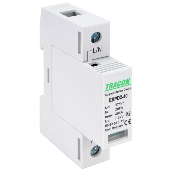 TRACON T2 AC típusú túlfeszültség levezető, cserélhető betéttel, Uc:275V; In:20kA; Imax:40kA; Up:1,3kV; 1P (ESPD2-40-1P)