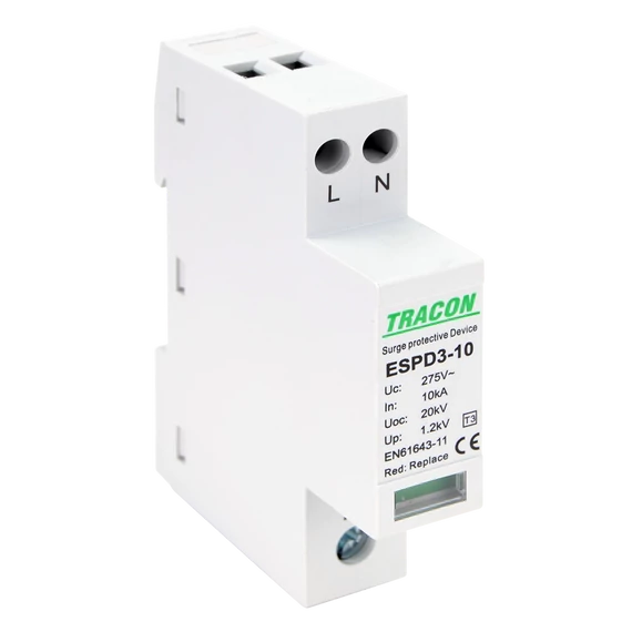 TRACON T3 AC típusú túlfeszültség levezető, egybeépített, Uc:275V; In:10kA; Uoc:20kV; Up:1,2kV; 2P (ESPD3-10-2P)