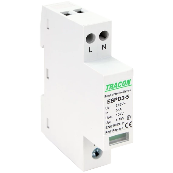 TRACON T3 AC típusú túlfeszültség levezető, egybeépített, Uc:275V; In:5kA; Uoc:10kV; Up:1,2kV; 2P (ESPD3-5-2P)