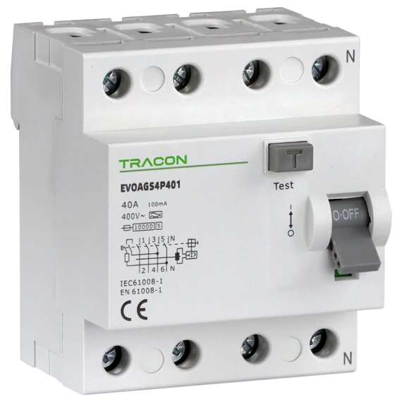 TRACON Áram-védőkapcsoló, 4 pólusú, 40A, 100mA, 10kA, A/S (EVOAGS4P401)