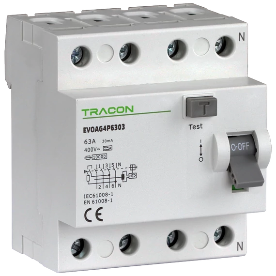 TRACON Áram-védőkapcsoló, 4 pólusú, 63A, 30mA, 10kA, AC (EVOAV4P6303)
