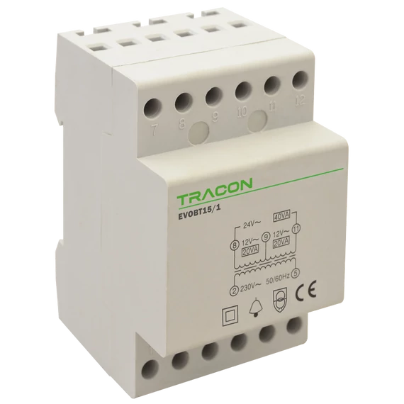 TRACON Biztonsági (csengő) transzformátor, 230V/12-24V AC, Psmax.: 15VA, Is: 0,62A (EVOBT24/1)