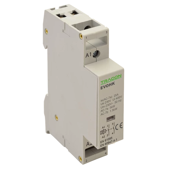 TRACON Installációs kontaktor, 230V, 50Hz, 1 Mod, 1xNO+1xNC, AC1/AC7a, 25A, (EVOHK2-25V)