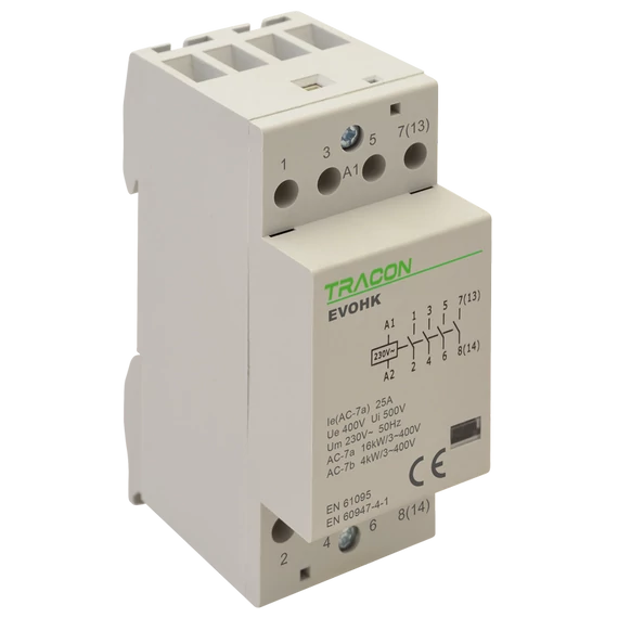 TRACON Installációs kontaktor, 230V, 50Hz, 2 Mod, 4xNO, AC1/AC7a, 25A, (EVOHK4-25)