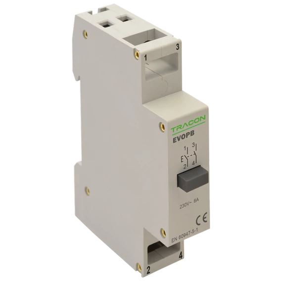 TRACON Moduláris nyomógomb, 230V, 50Hz, 2NO, Ith:16A, AC-14, Ie:6A (EVOPB)