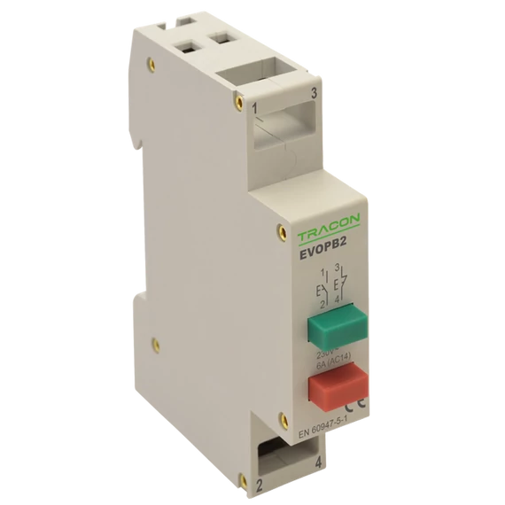 TRACON Moduláris nyomógomb, 230V, 50Hz, 1NO, 1NC, Ith:16A, AC-14, Ie:6A (EVOPB2)