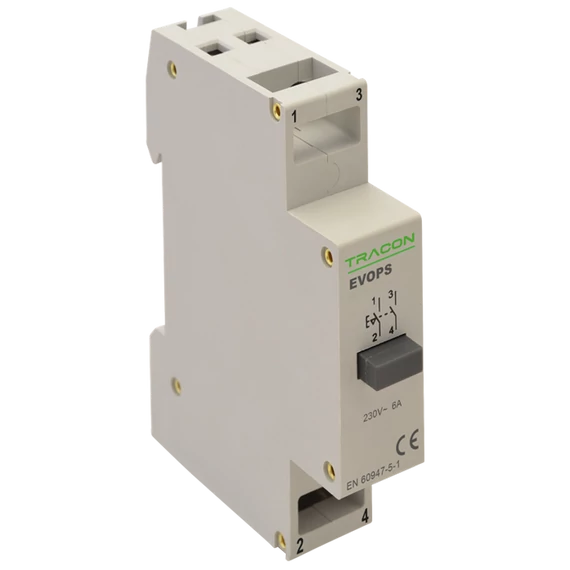 TRACON Moduláris nyomókapcsoló, 230V, 50Hz, 2NO, Ith:16A, AC-14, Ie:6A (EVOPS)