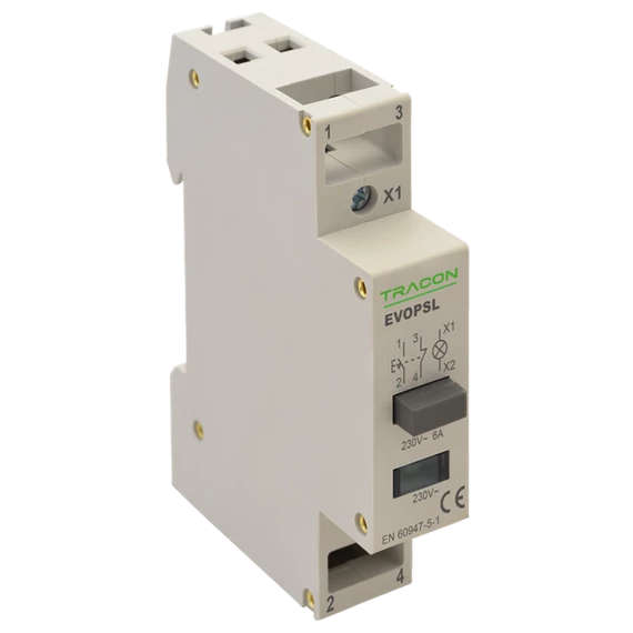 TRACON Moduláris nyomókapcsoló, jelzőfénnyel, 230V, 50Hz, 1NO+1NC, LED, Ith:16A, AC-14, Ie:6A (EVOPSL)