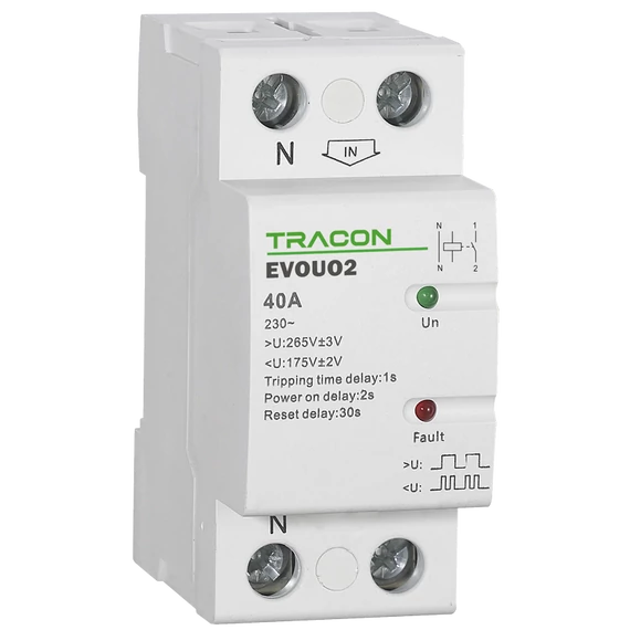 TRACON Aut. visszakapcsoló fesz. növekedési/csökkenési relé, AC230V, 2P, 40AU>:265V, U<:175V, Uon:2s, Trip:1s, Res:30s (EVOUO2)