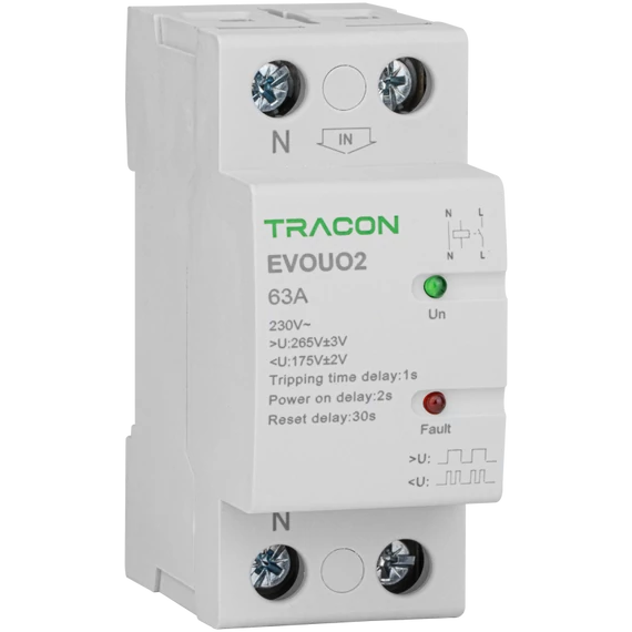 TRACON Aut. visszakapcsoló fesz. növekedési/csökkenési relé, AC230V, 2P, 63AU>:265V, U<:175V, Uon:2s, Trip:1s, Res:30s (EVOUO2P63)