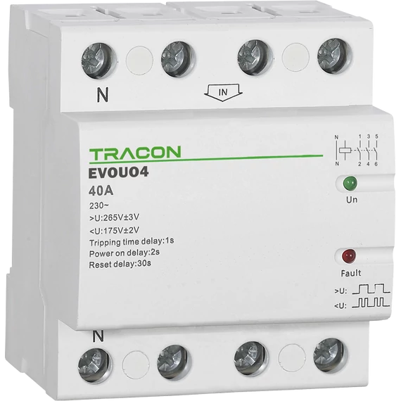 TRACON Aut. visszakapcsoló fesz. növekedési/csökkenési relé, AC230V, 4P, 40AU>:265V, U<:175V, Uon:2s, Trip:1s, Res:30s (EVOUO4)