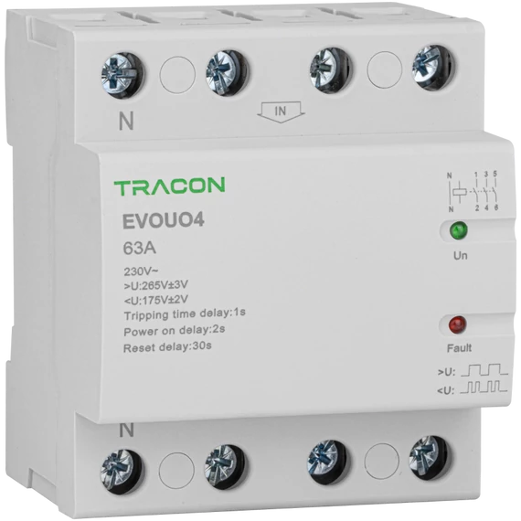 TRACON Aut. visszakapcsoló fesz. növekedési/csökkenési relé, AC230V, 4P, 63AU>:265V, U<:175V, Uon:2s, Trip:1s, Res:30s (EVOUO4P63)