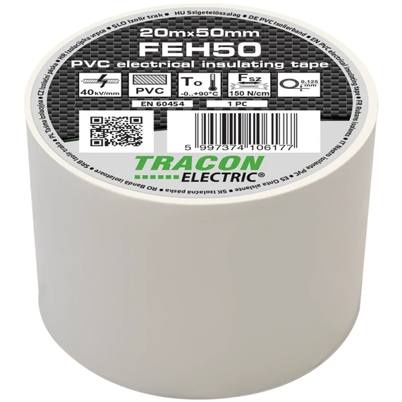 TRACON Szigetelőszalag, fehér, 20mx50mm, PVC, 0-90°C, 40kV/mm (FEH50)