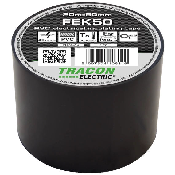 TRACON Szigetelőszalag, fekete, 20mx50mm, PVC, 0-90°C, 40kV/mm (FEK50)