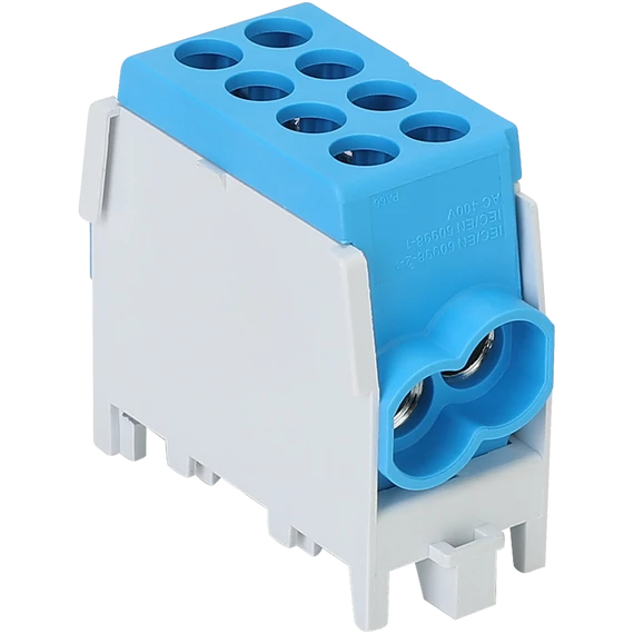TRACON Főáramköri leágazó kapocs, sínre szerelhető, kék, 2.5-25mm2, max. 1000VAC/DC, max.101A (FLECU-25-25-2K)