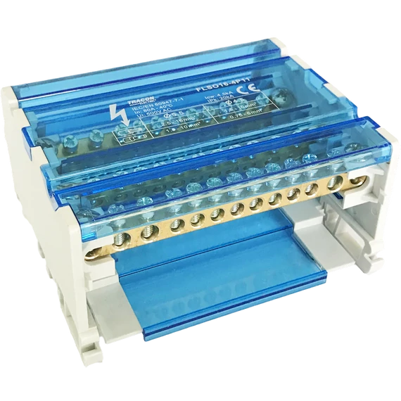 TRACON Moduláris elosztóblokk nyitható fedéllel, 3x16(10) mm2 / 8x10(6) mm2, 500VAC/DC, 80A (FLSO16-4P11)