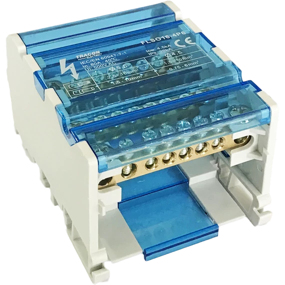 TRACON Moduláris elosztóblokk nyitható fedéllel, 1x16(10) mm2 / 5x10(6) mm2, 500VAC/DC, 80A (FLSO16-4P6)