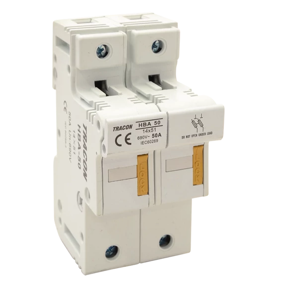 TRACON Szakaszolókapcsoló-biztosítóhengeres bizt.hoz, maszkolható, 50A, 14x51mm; Un=230V/400V (HBA-2P-50)
