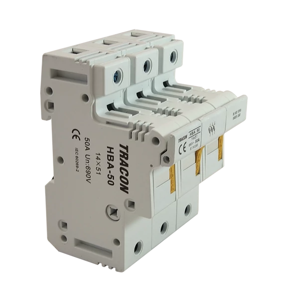 TRACON Szakaszolókapcsoló-biztosítóhengeres bizt.hoz, maszkolható, 50A, 14x51mm; Un=230V/400V (HBA-3P-50)