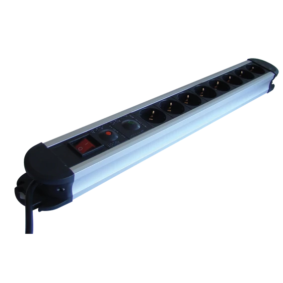 TRACON ALU 8-os elosztó kapcsolóval + túlfesz + túláram védelem, 8xSCHUKO, 3m, max.16A, 250VAC, 3680W, H05VV-F (HKTM8-3M-ALU)