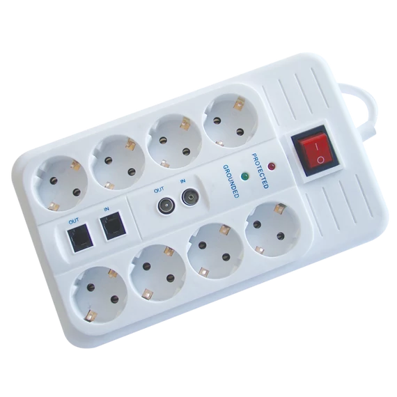 TRACON Négyzetes 8-as elosztó kapcsolóval+túlfesz + túláram + koax + tel, 8xSCHUKO, 3m, max.16A, 250VAC, 3680W, H05VV-F (HNKTM8-3M-KT)