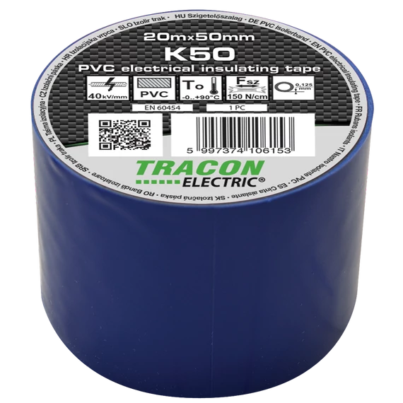 TRACON Szigetelőszalag, kék, 20mx50mm, PVC, 0-90°C, 40kV/mm (K50)