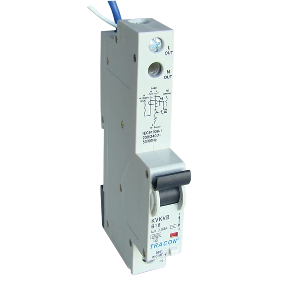 TRACON Kombinált védőkapcsoló, 2P, 1 modul, B karakterisztika, 6A, 30mA, 10kA, AC, E3 (KVKVB-6/03)