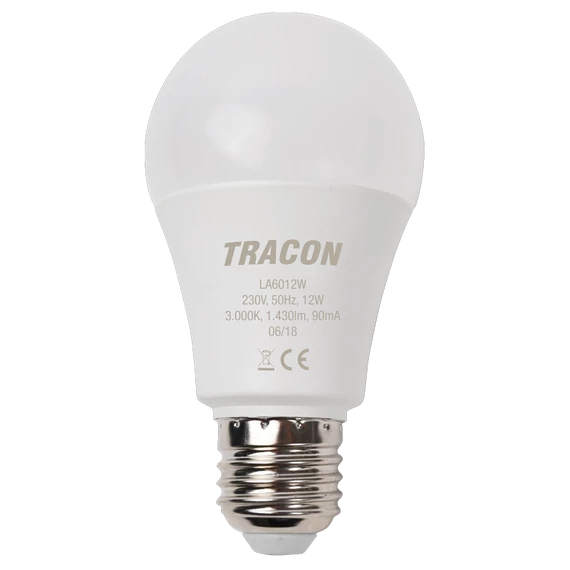 TRACON Gömb burájú LED fényforrás, 230 V, 50 Hz, 12 W, 3000 K, E27, 1430 lm, 200°, A60, EEI=E (LA6012W)