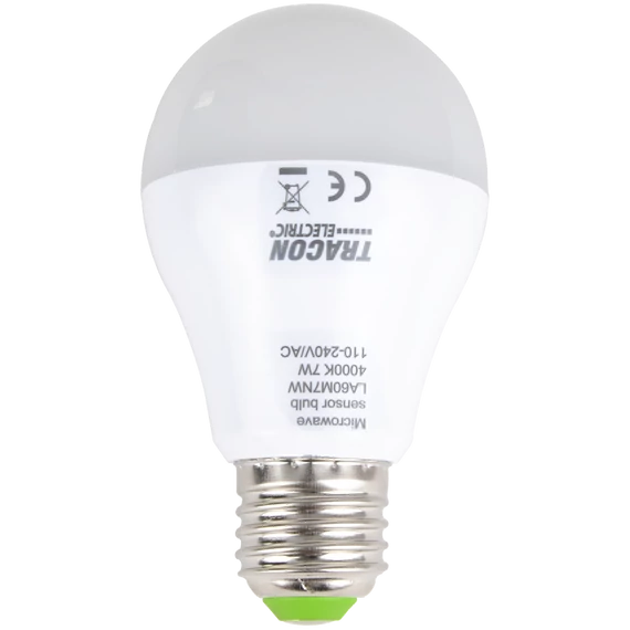 TRACON LED fényforrás beépített mozgásérzékelővel, E27, 110-240 V, 50/60 Hz, 7W, 600lm, 4000K, 360°, 60s, 5m, <20lx, EEI=F (LA60M7NW)