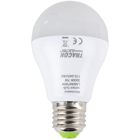 TRACON LED fényforrás beépített mozgásérzékelővel, E27, 110-240 V, 50/60 Hz, 7W, 600lm, 2700K, 360°, 60s, 5m, <20lx, EEI=F (LA60M7WW)
