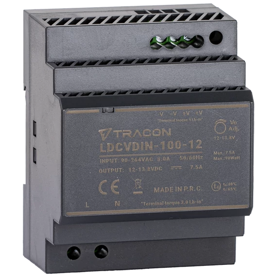 TRACON DIN sínre szerelhető tápegységszabályozható DC kimenettel, 100-200VAC, 3A/DC12V, 7,1A/85,2W (LDCVDIN-100-12)